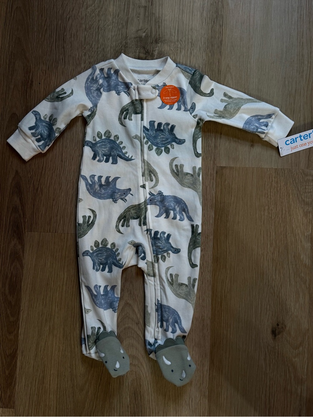 Carter's Baby Dino Print Footed One-Piece - Light Grey w/ Blue & Green Dinosaurs